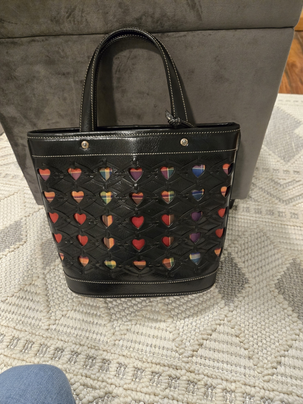 Longaberger Black Leather Satchel with Multicolor Heart Insets